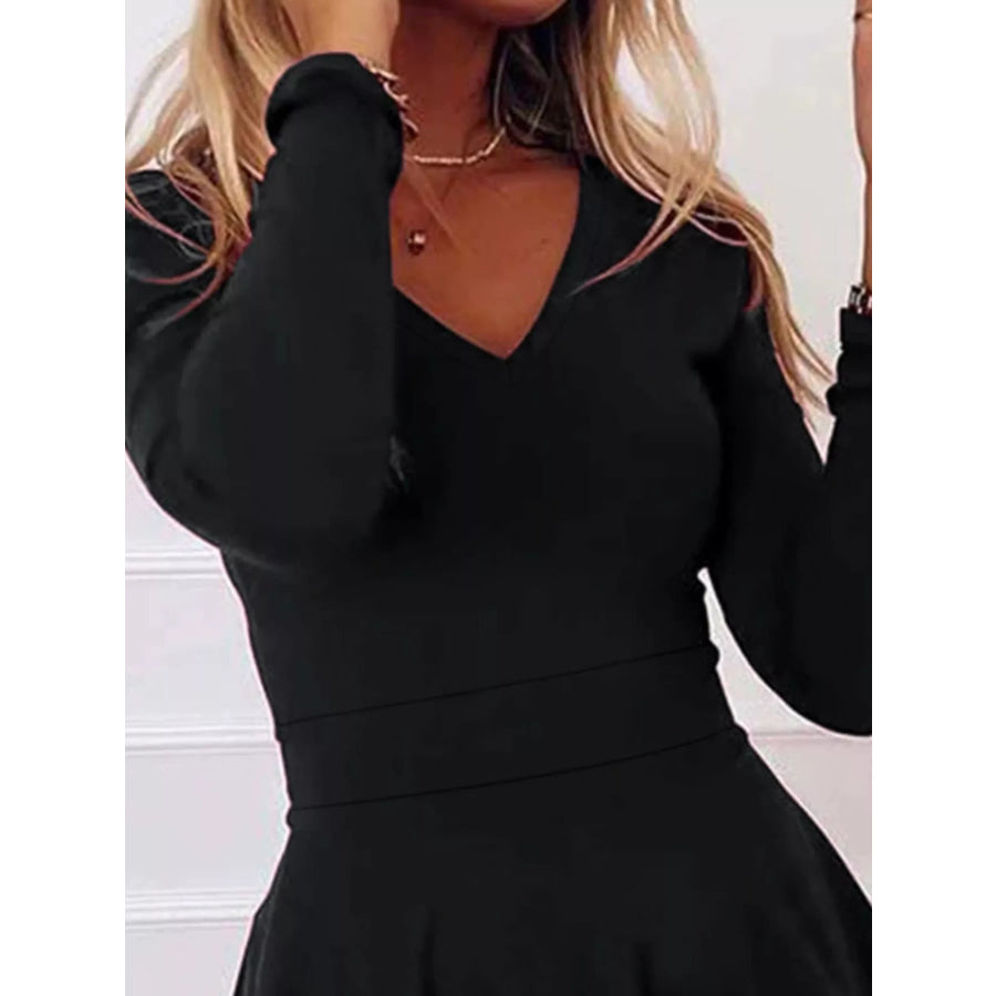 V-Neck Long Sleeve Layered Ruffle Mini Dress Black / S Apparel and Accessories