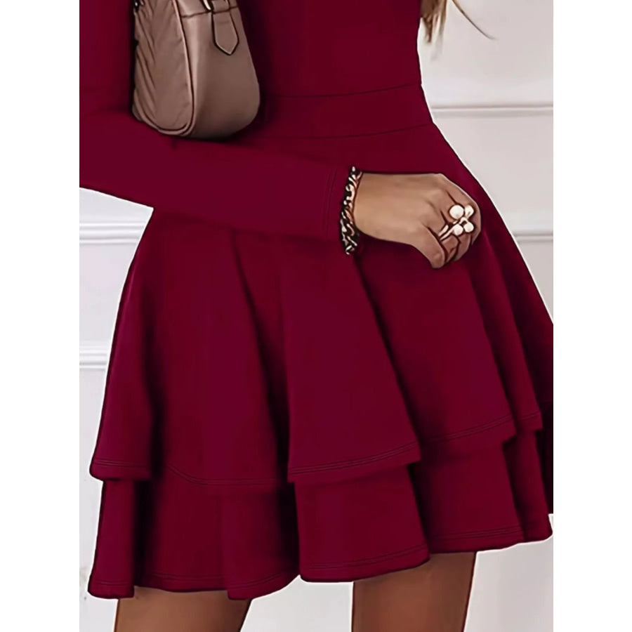 V-Neck Long Sleeve Layered Ruffle Mini Dress Apparel and Accessories