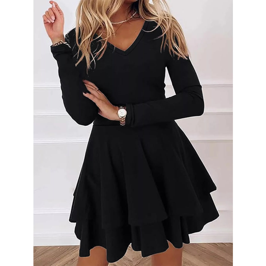 V-Neck Long Sleeve Layered Ruffle Mini Dress Black / S Apparel and Accessories