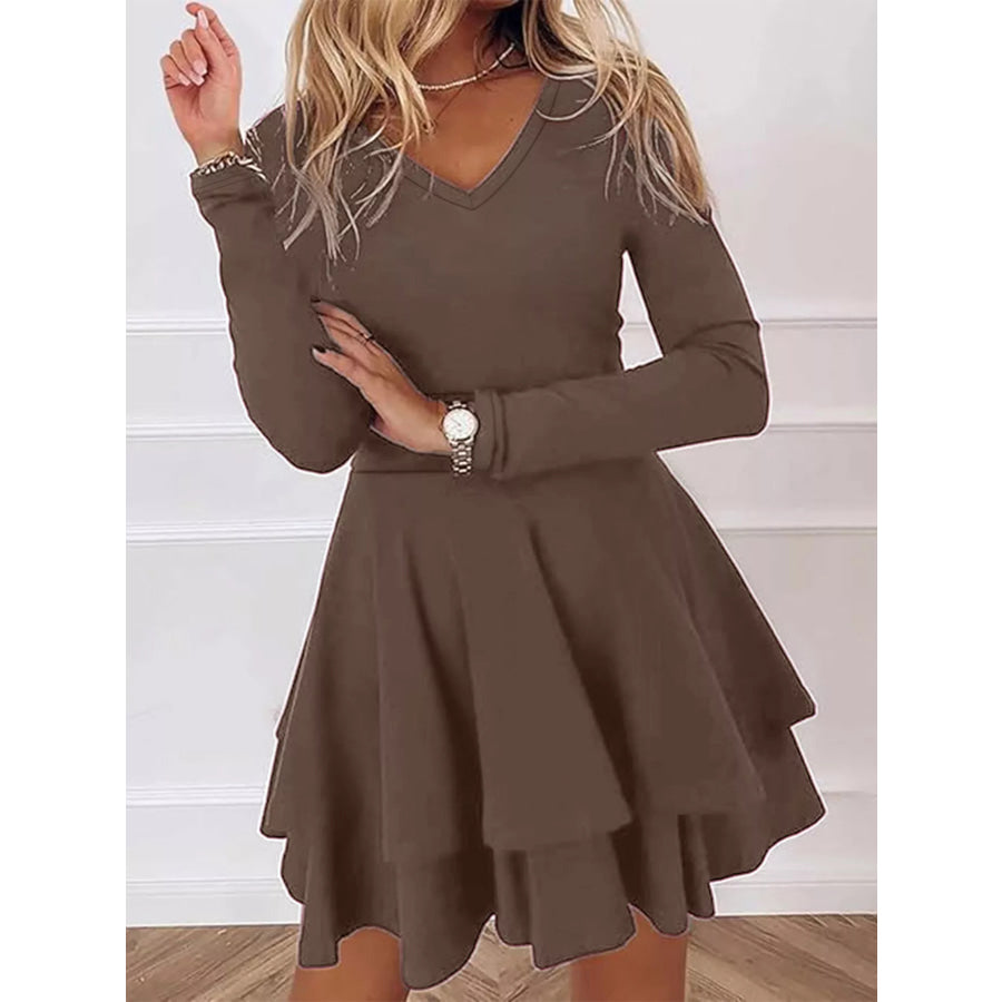 V-Neck Long Sleeve Layered Ruffle Mini Dress Coffee Brown / S Apparel and Accessories