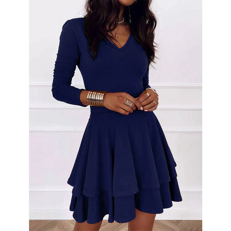 V-Neck Long Sleeve Layered Ruffle Mini Dress Navy / S Apparel and Accessories