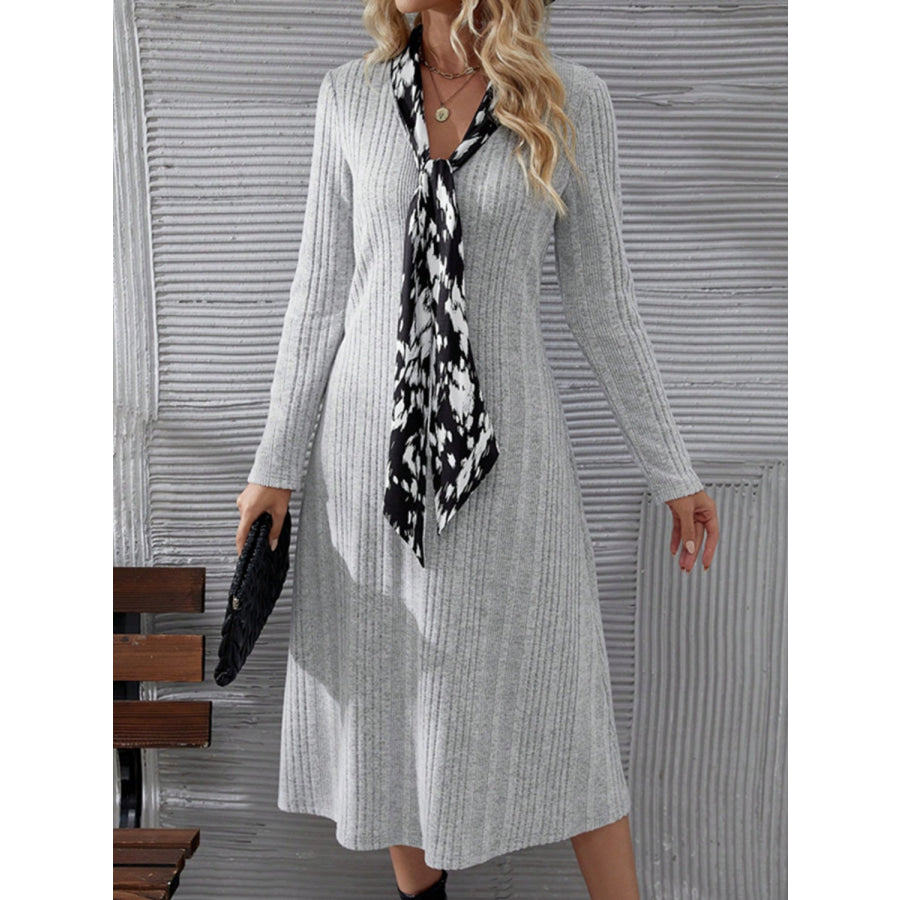 V-Neck Long Sleeve Midi Dress Gray / S Apparel and Accessories