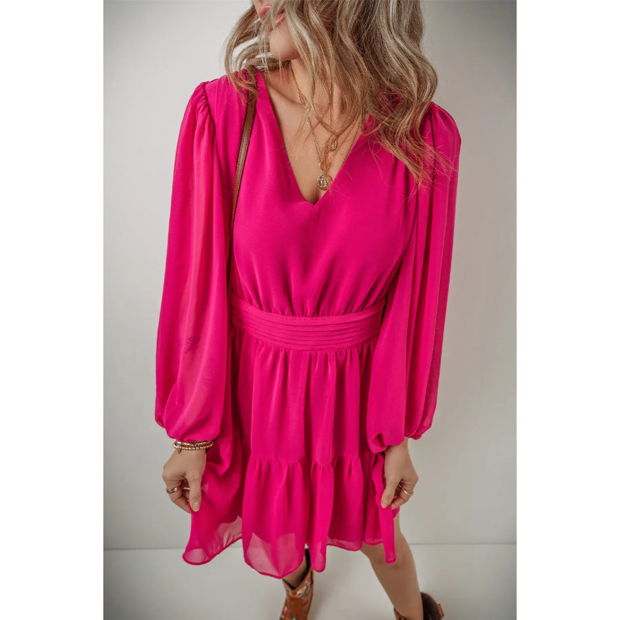 V-Neck Long Sleeve Mini Dress Deep Rose / S Apparel and Accessories