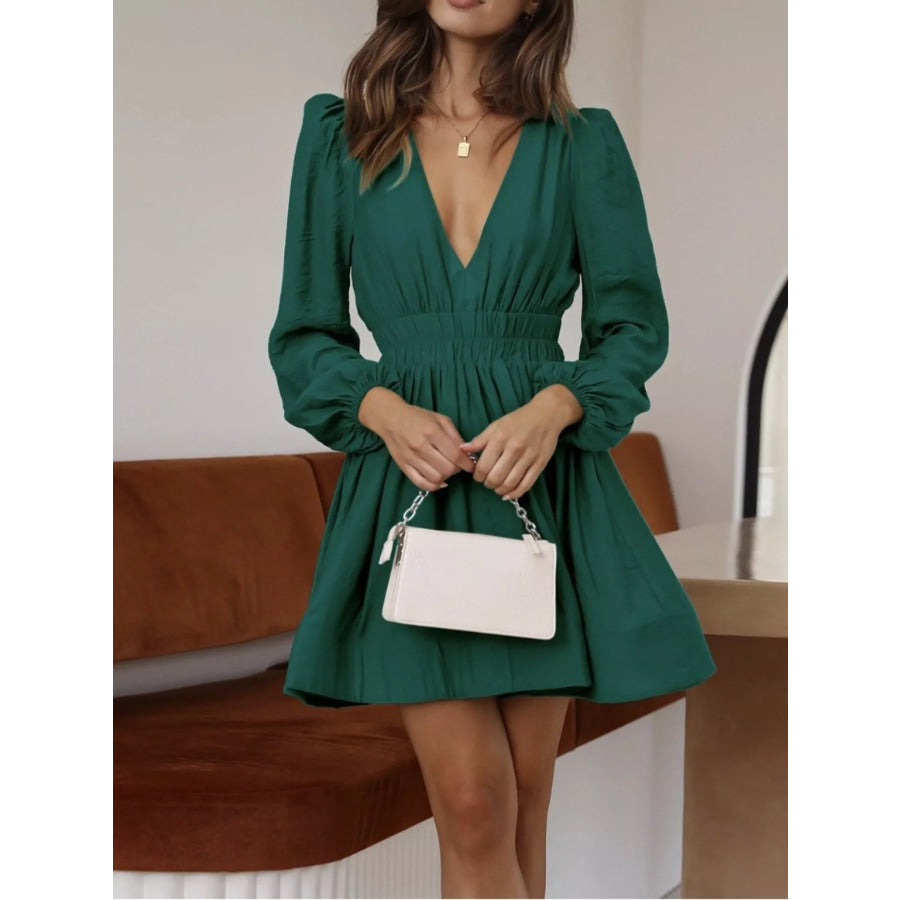 V-Neck Long Sleeve Mini Dress Army Green / S Apparel and Accessories