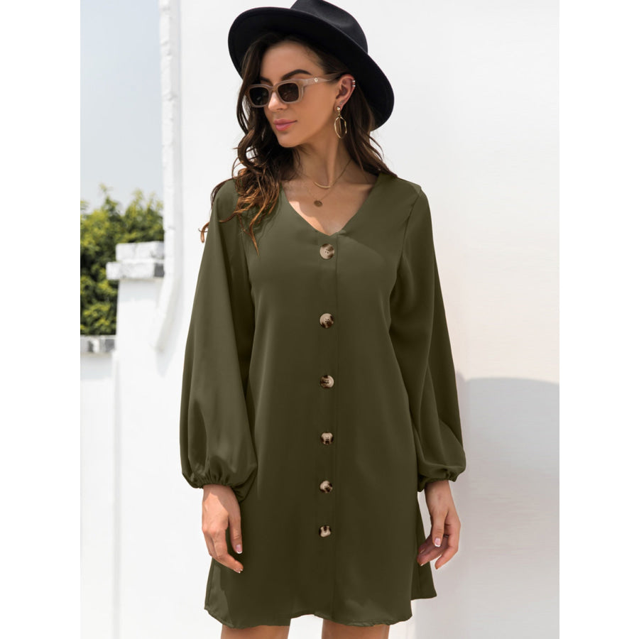 V-Neck Long Sleeve Mini Dress Army Green / S Apparel and Accessories