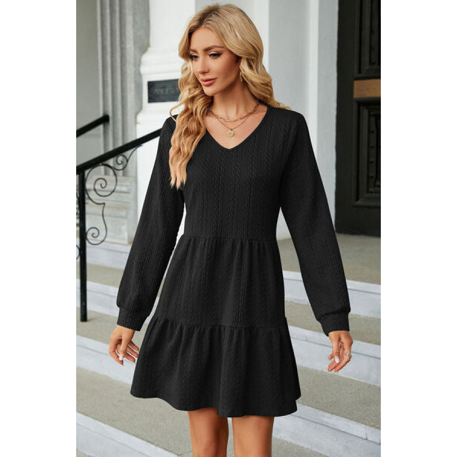 V - Neck Long Sleeve Mini Dress Black / S Apparel and Accessories