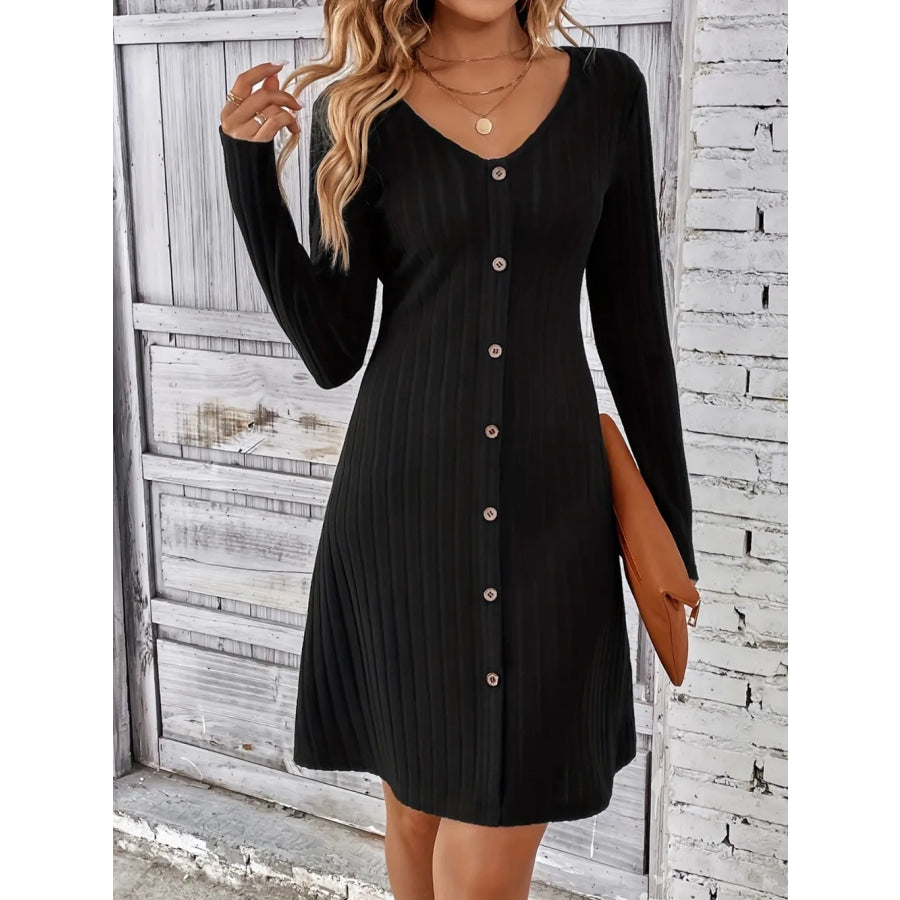 V-Neck Long Sleeve Mini Dress Black / S Apparel and Accessories