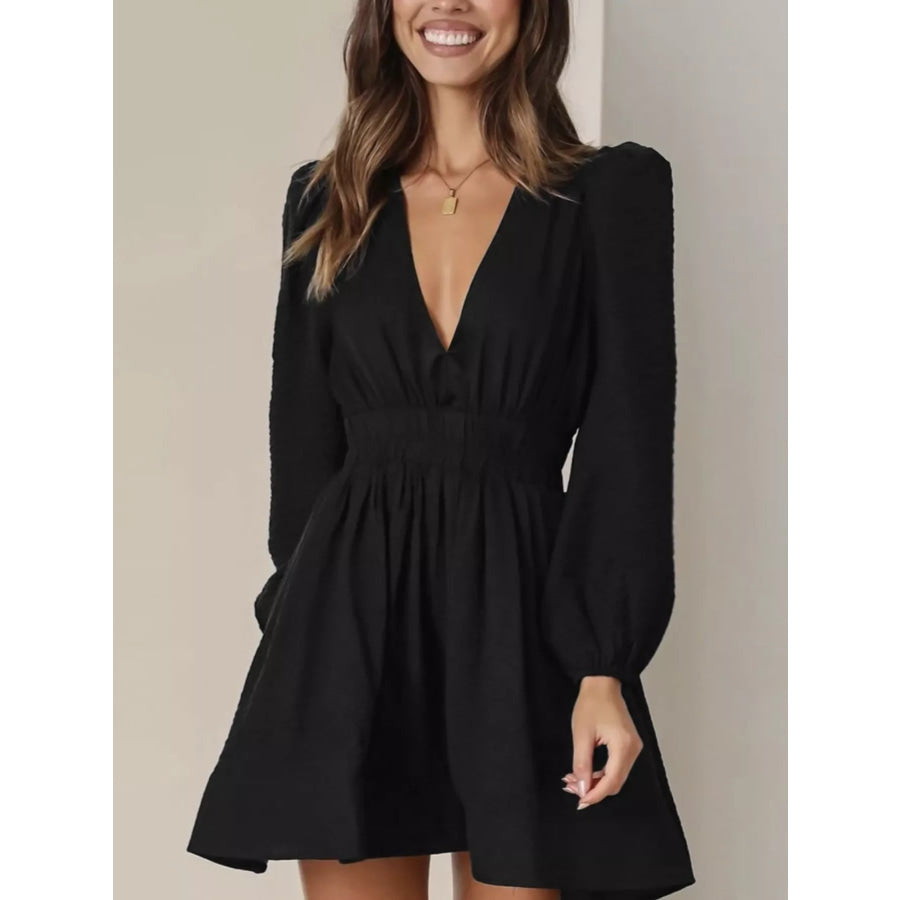 V-Neck Long Sleeve Mini Dress Black / S Apparel and Accessories