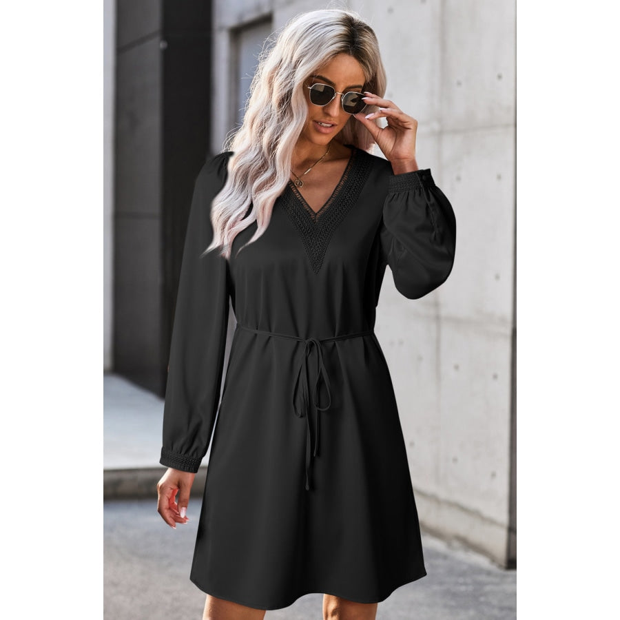 V-Neck Long Sleeve Mini Dress Black / S