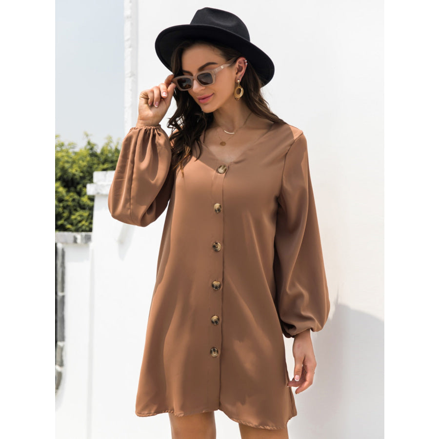 V-Neck Long Sleeve Mini Dress Caramel / S Apparel and Accessories