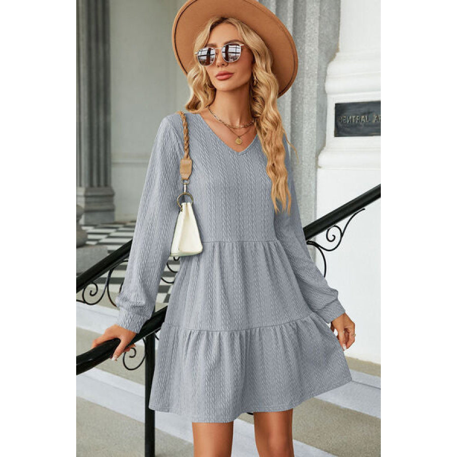 V - Neck Long Sleeve Mini Dress Cloudy Blue / S Apparel and Accessories