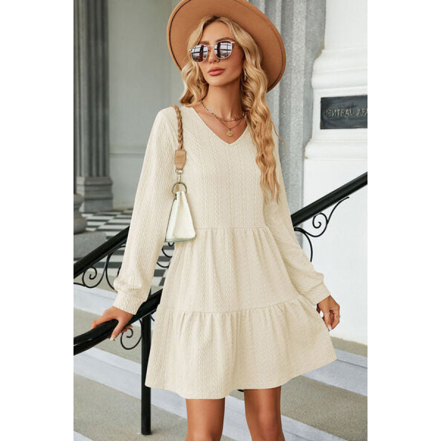 V - Neck Long Sleeve Mini Dress Cream / S Apparel and Accessories