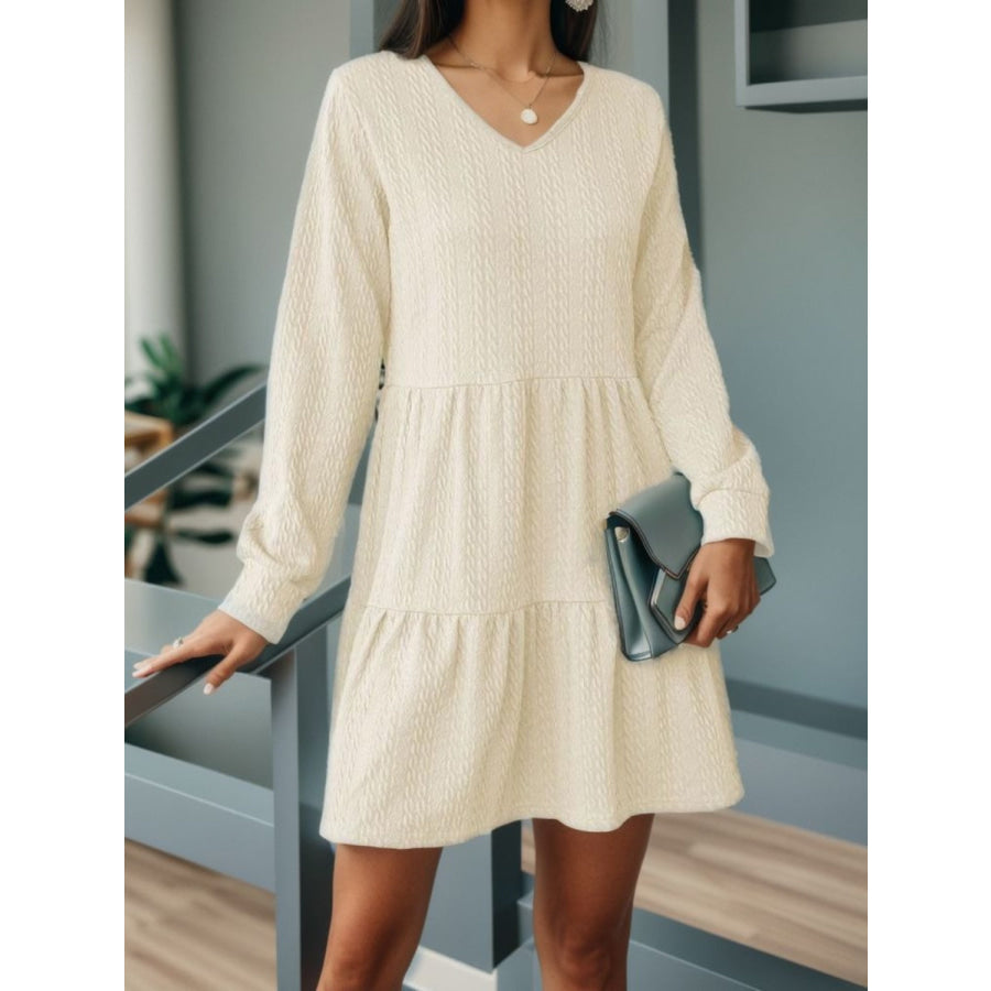 V-Neck Long Sleeve Mini Dress Cream / S Apparel and Accessories