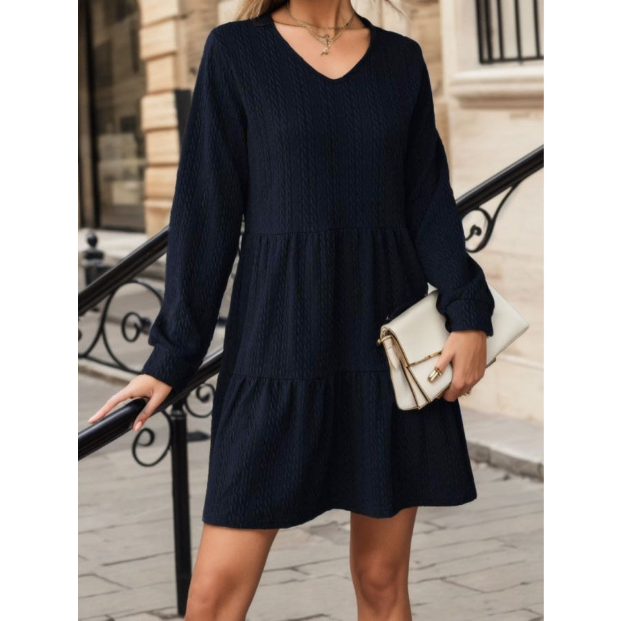 V-Neck Long Sleeve Mini Dress Dark Navy / S Apparel and Accessories