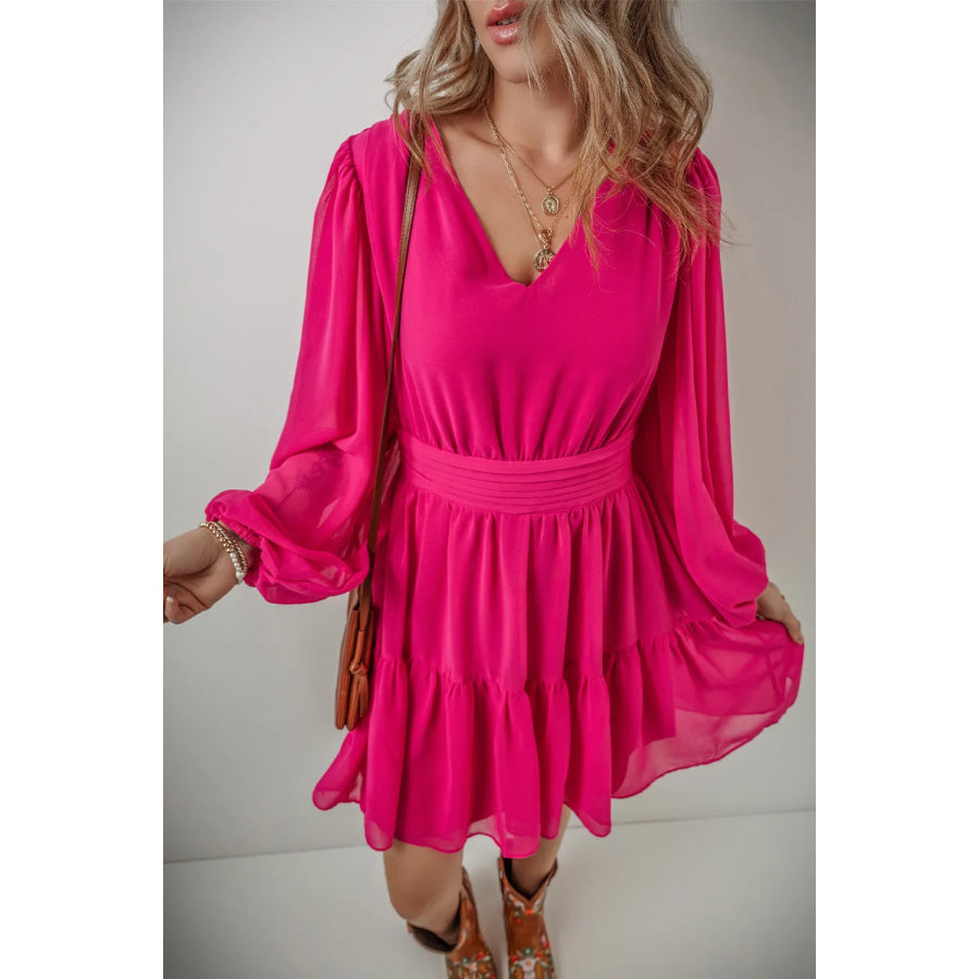 V-Neck Long Sleeve Mini Dress Deep Rose / S Apparel and Accessories