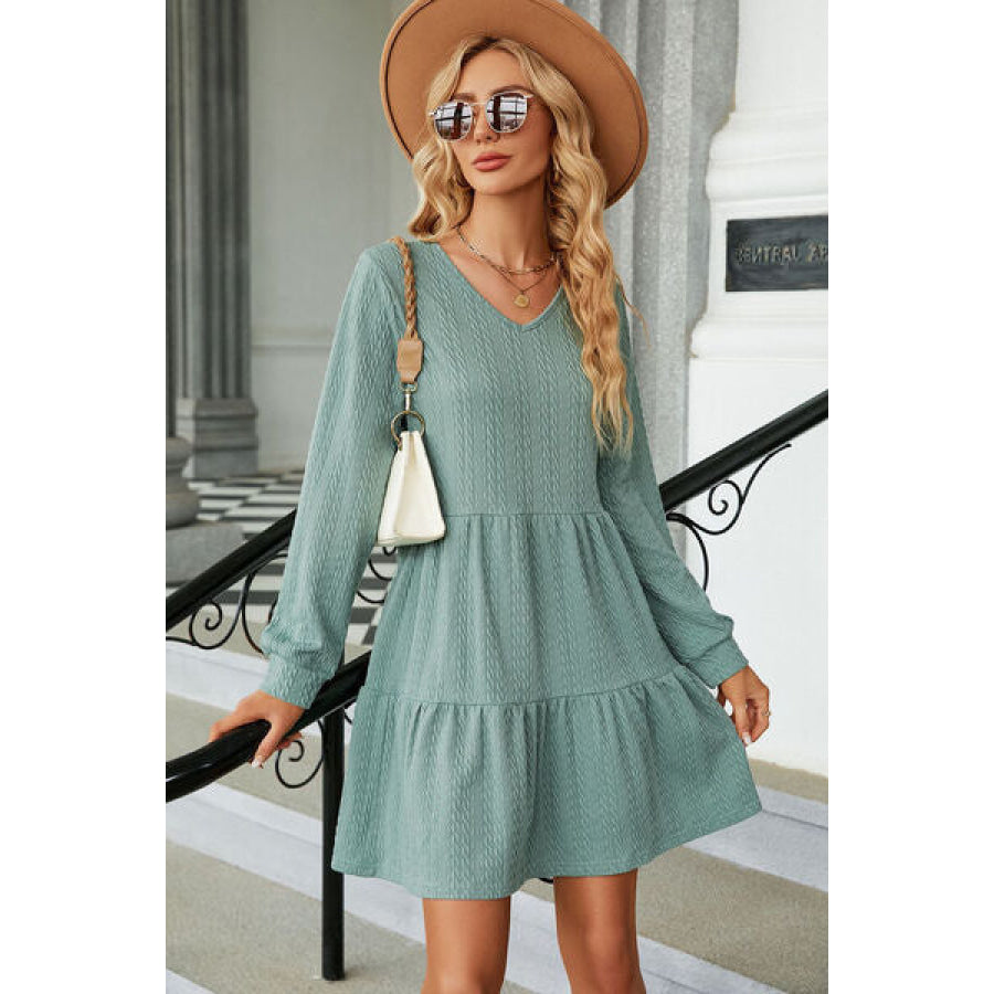 V - Neck Long Sleeve Mini Dress Gum Leaf / S Apparel and Accessories