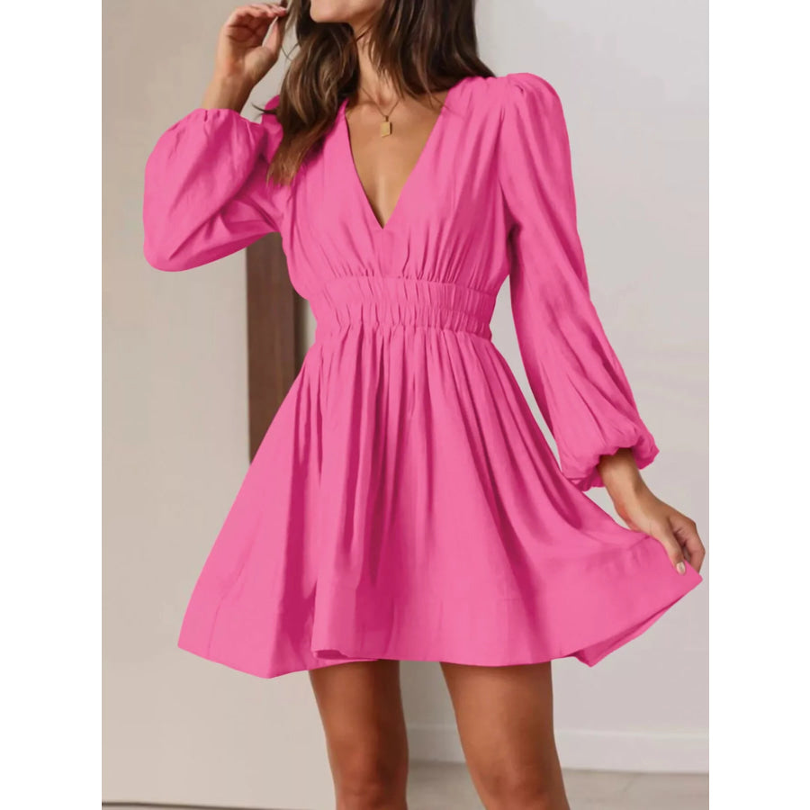 V-Neck Long Sleeve Mini Dress Hot Pink / S Apparel and Accessories