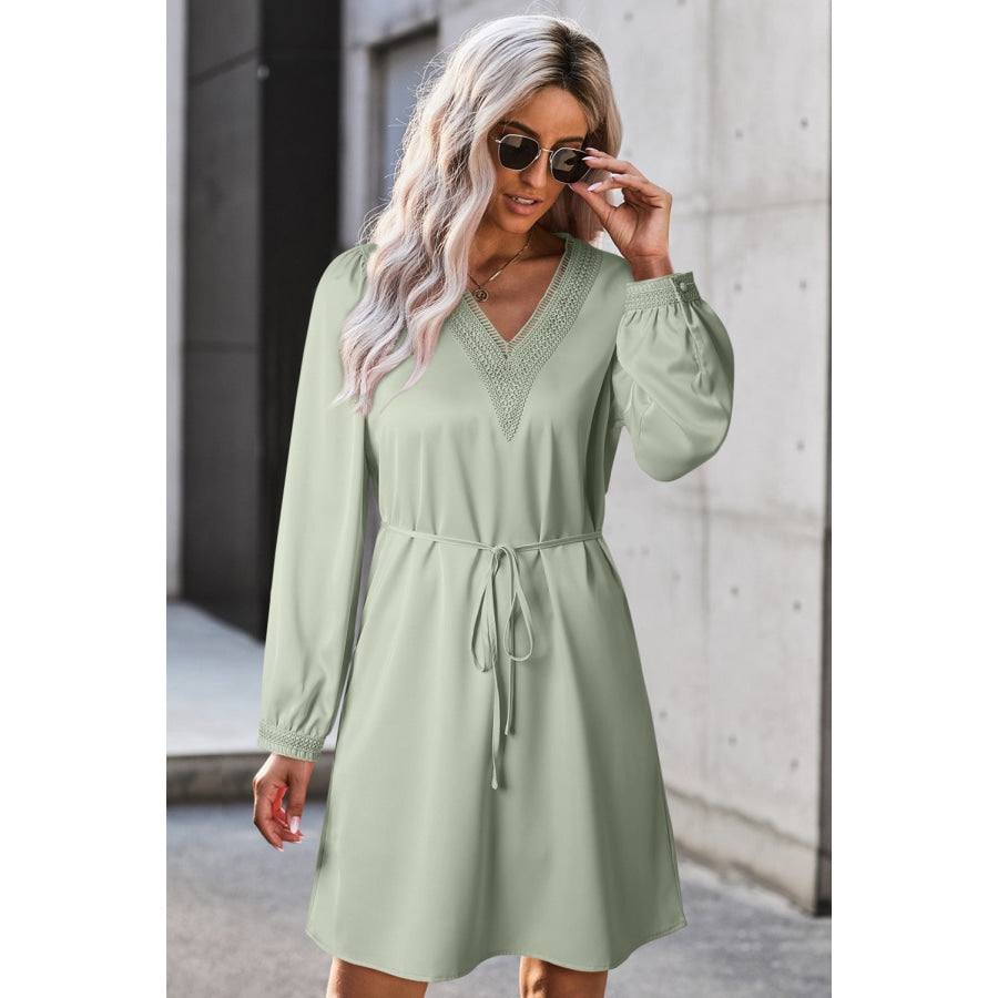 V-Neck Long Sleeve Mini Dress Light Green / S