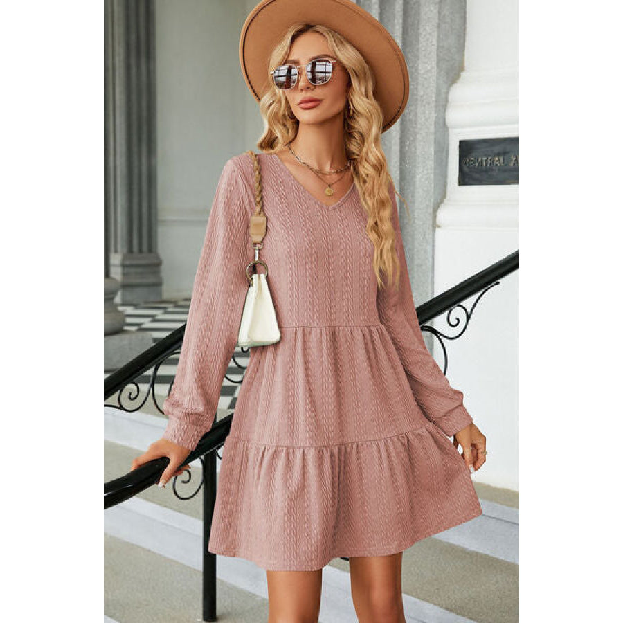 V - Neck Long Sleeve Mini Dress Light Mauve / S Apparel and Accessories