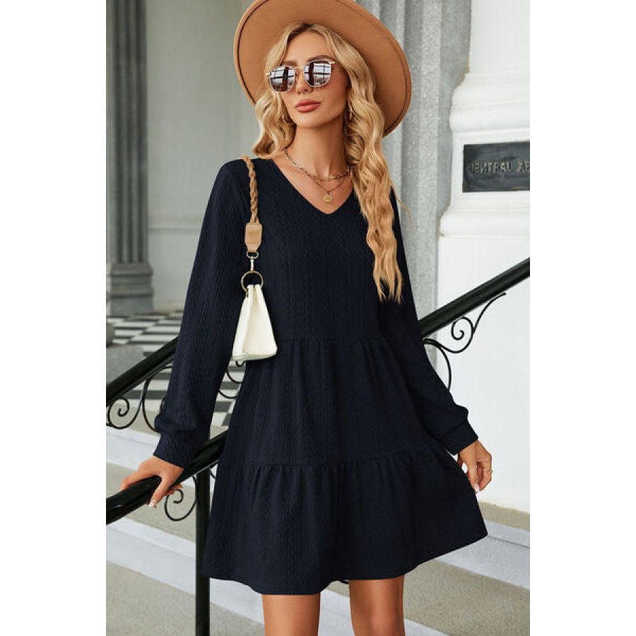 V - Neck Long Sleeve Mini Dress Navy / S Apparel and Accessories