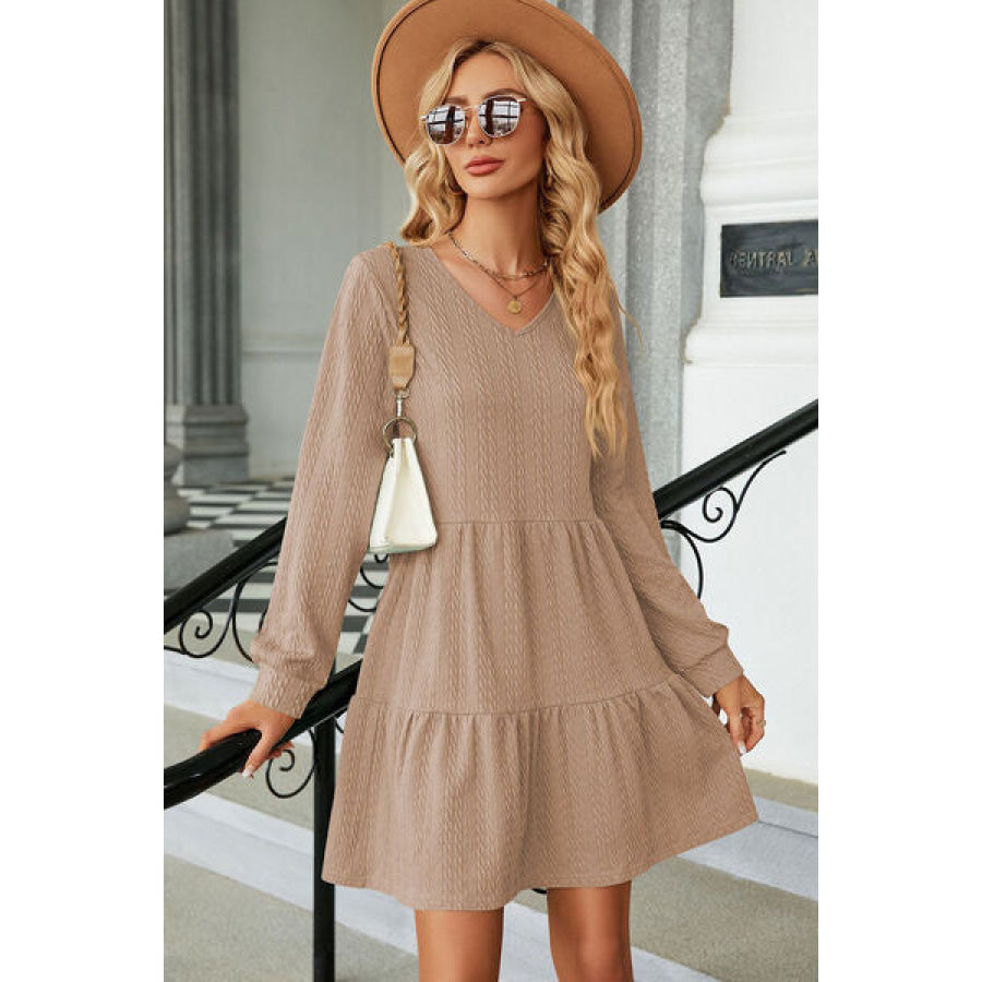 V - Neck Long Sleeve Mini Dress Tan / S Apparel and Accessories