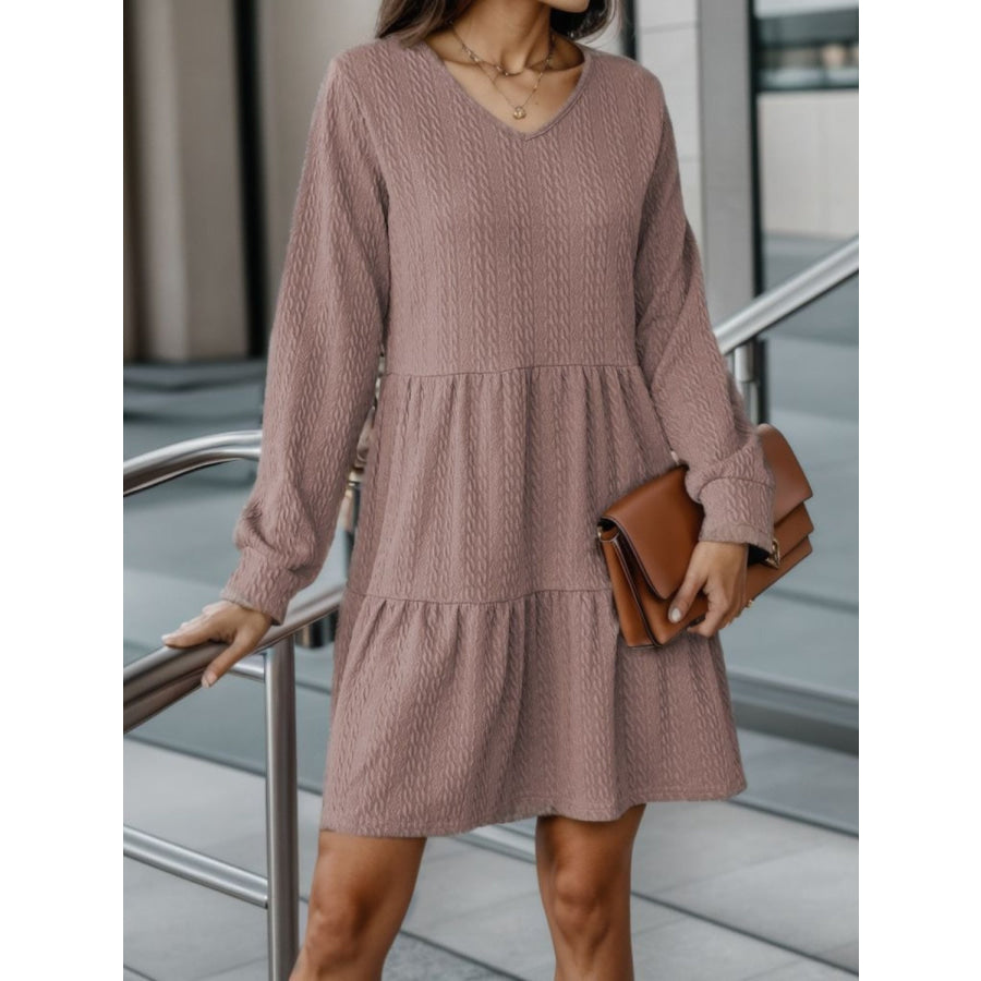 V-Neck Long Sleeve Mini Dress Taupe / S Apparel and Accessories