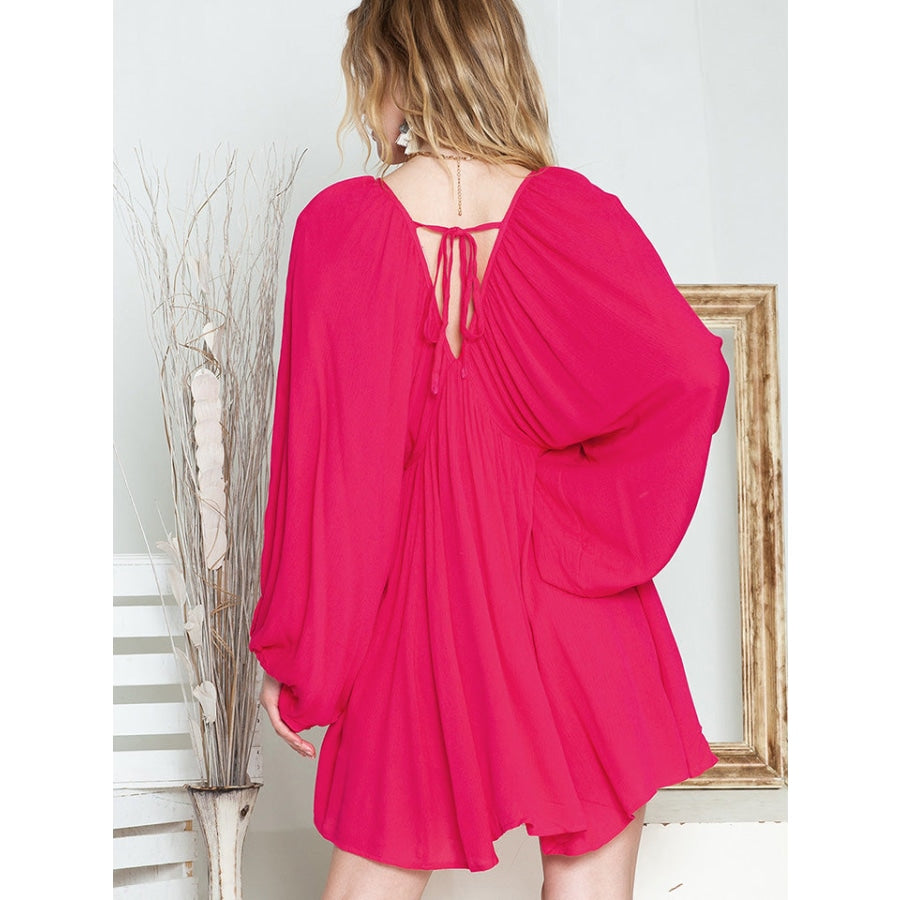V-Neck Long Sleeve Mini Dress Hot Pink / S