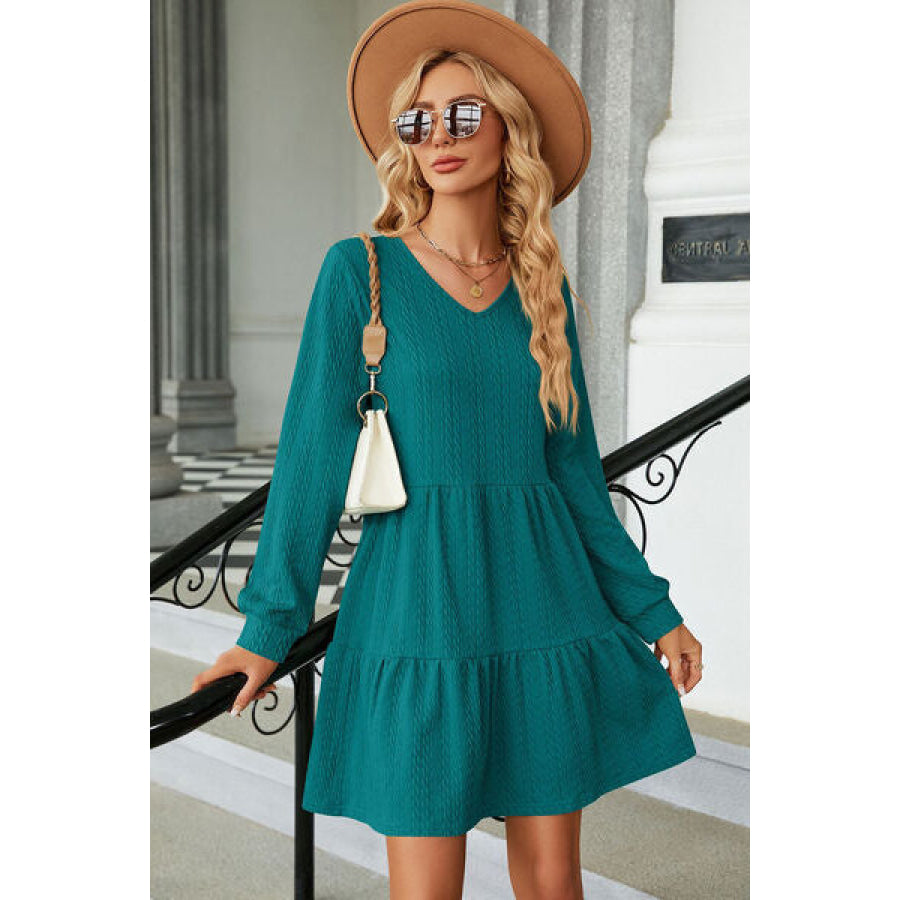 V - Neck Long Sleeve Mini Dress Turquoise / S Apparel and Accessories