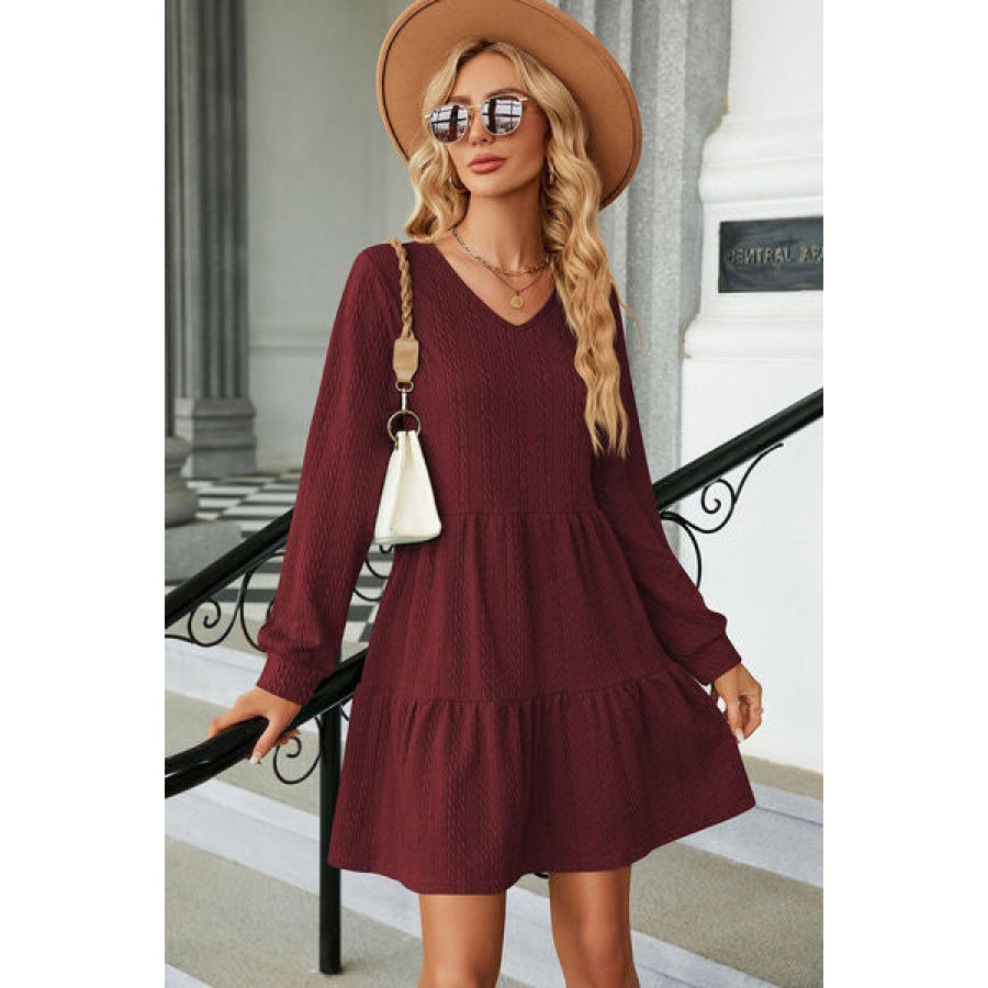 V - Neck Long Sleeve Mini Dress Wine / S Apparel and Accessories