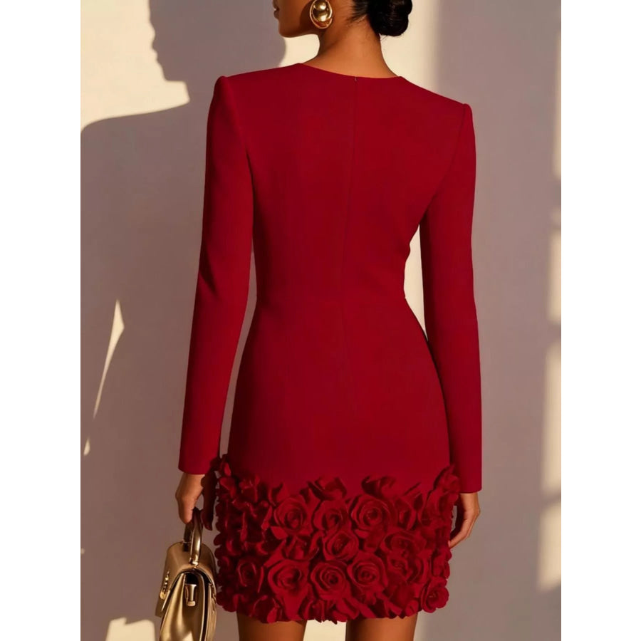V-Neck Long Sleeve Mini Dress with 3D Rose Floral Hem Apparel and Accessories
