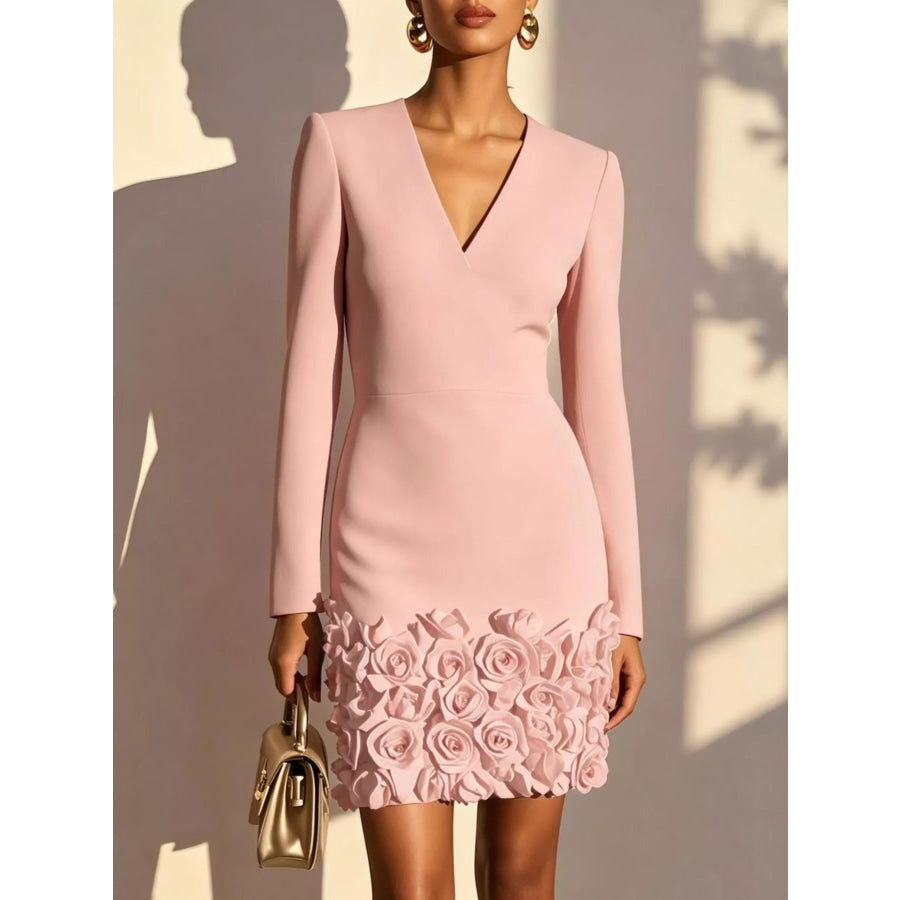 V-Neck Long Sleeve Mini Dress with 3D Rose Floral Hem Apparel and Accessories