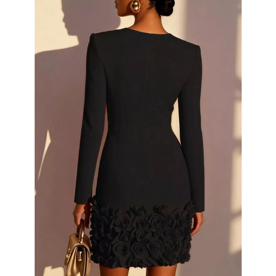 V-Neck Long Sleeve Mini Dress with 3D Rose Floral Hem Apparel and Accessories
