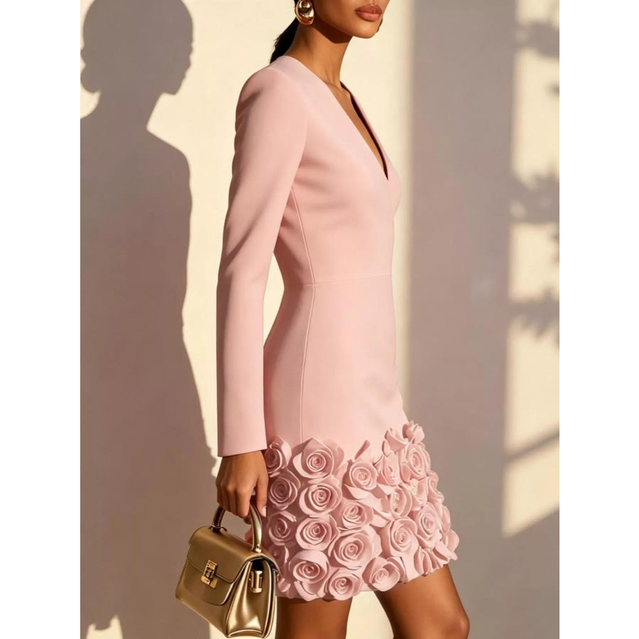 V-Neck Long Sleeve Mini Dress with 3D Rose Floral Hem Pale Blush / S Apparel and Accessories