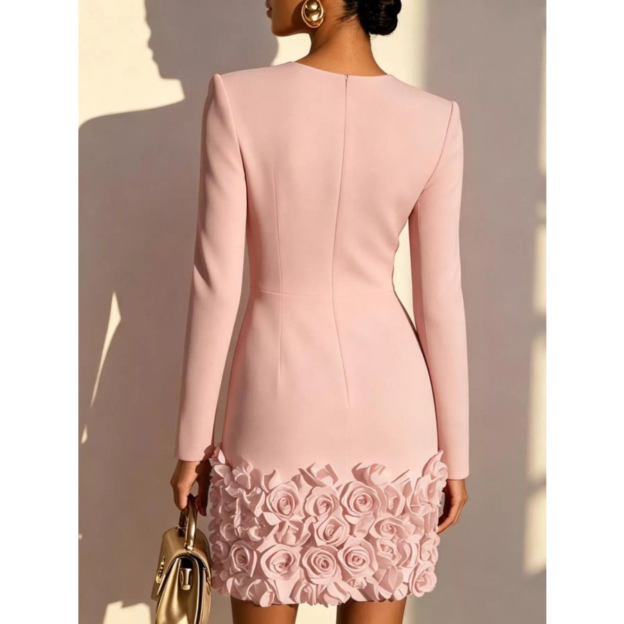 V-Neck Long Sleeve Mini Dress with 3D Rose Floral Hem Apparel and Accessories