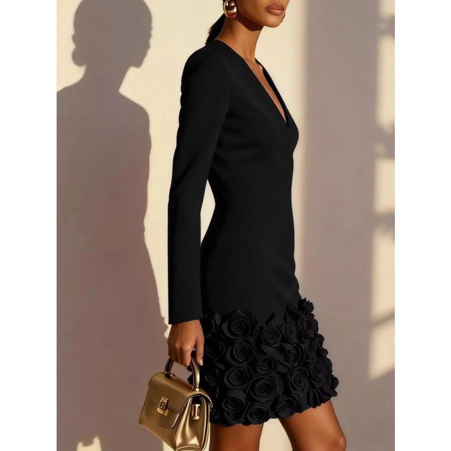 V-Neck Long Sleeve Mini Dress with 3D Rose Floral Hem Apparel and Accessories