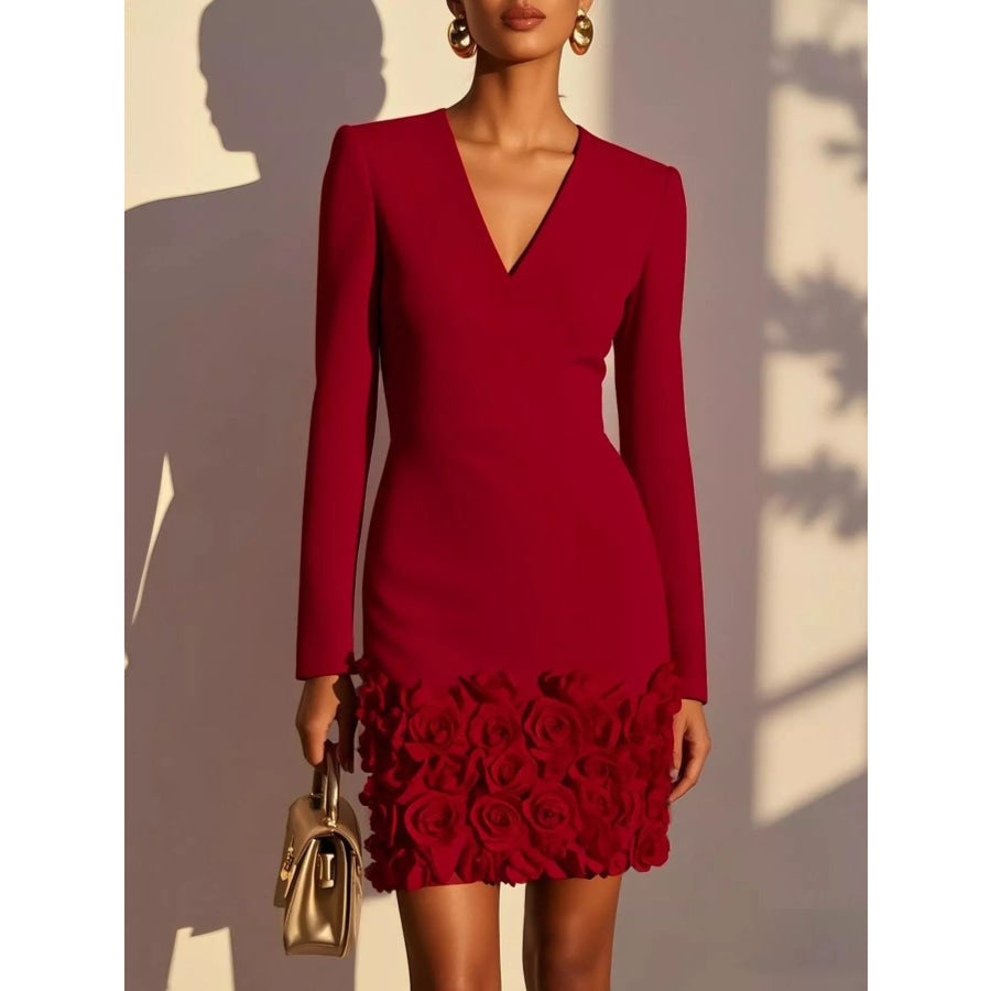 V-Neck Long Sleeve Mini Dress with 3D Rose Floral Hem Burgundy / S Apparel and Accessories