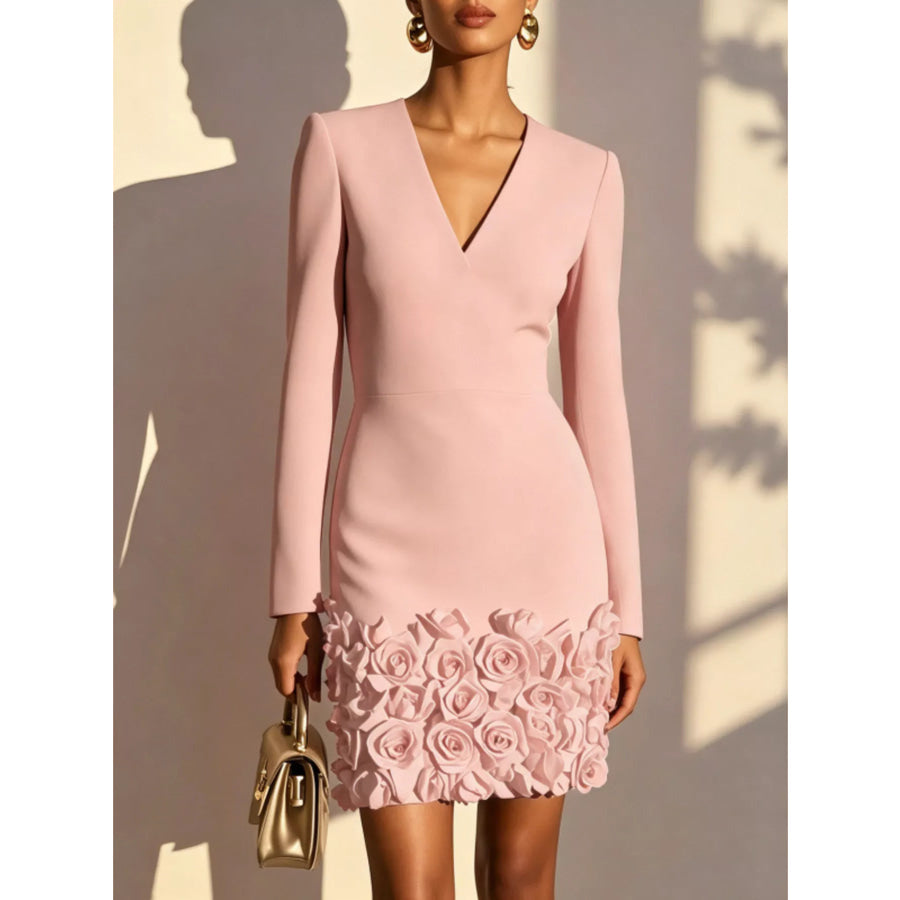 V-Neck Long Sleeve Mini Dress with 3D Rose Floral Hem Pale Blush / S Apparel and Accessories