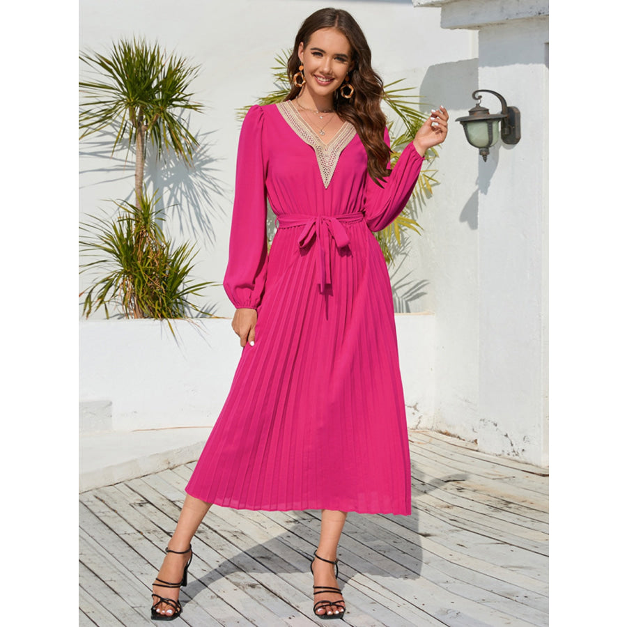 V-Neck Long Sleeve Pleated Dress Apparel and Accessories