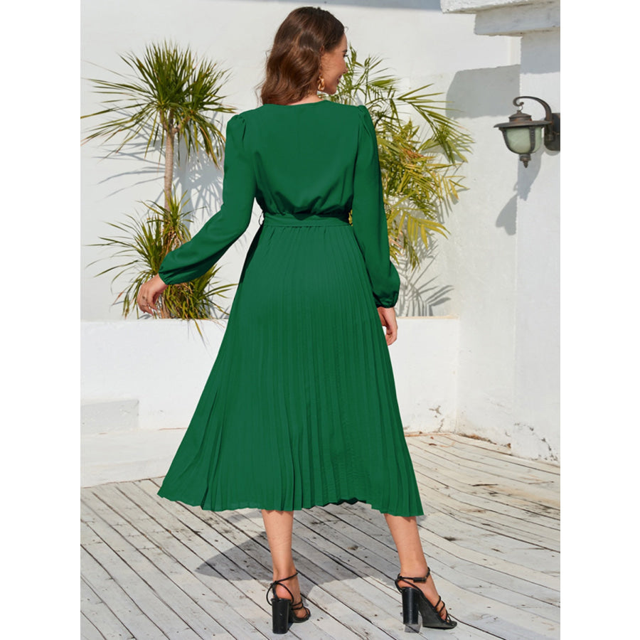 V-Neck Long Sleeve Pleated Dress Apparel and Accessories