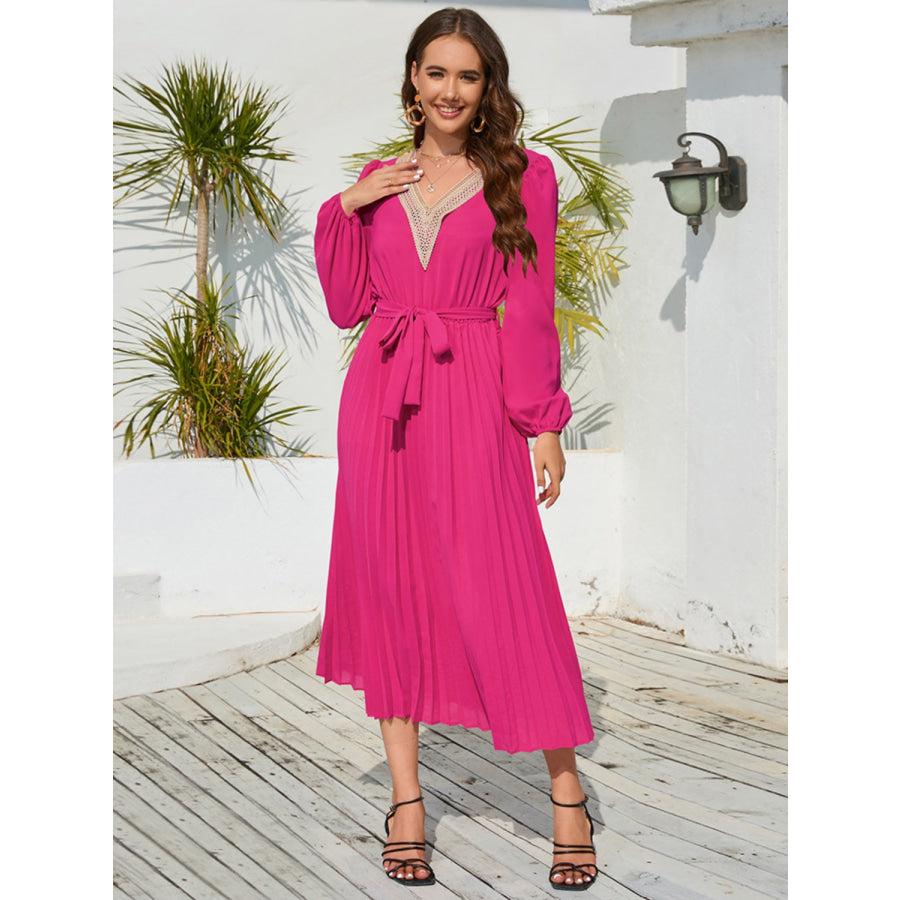 V-Neck Long Sleeve Pleated Dress Apparel and Accessories