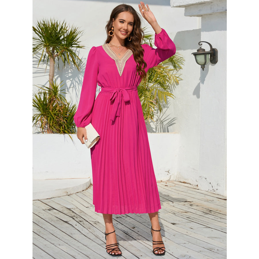 V-Neck Long Sleeve Pleated Dress Cerise / S Apparel and Accessories