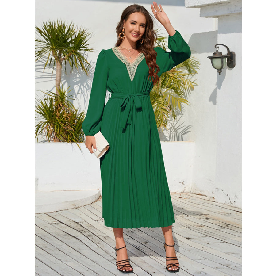 V-Neck Long Sleeve Pleated Dress Dark Green / S Apparel and Accessories