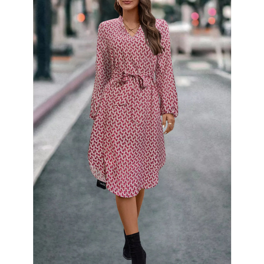 V-Neck Long Sleeve Printed Dress Cerise / S Apparel and Accessories