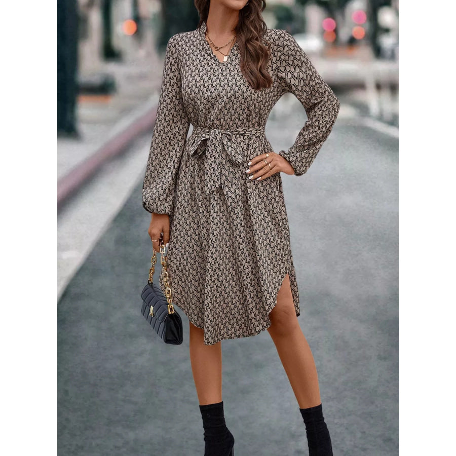 V-Neck Long Sleeve Printed Dress Coffee Brown / S Apparel and Accessories