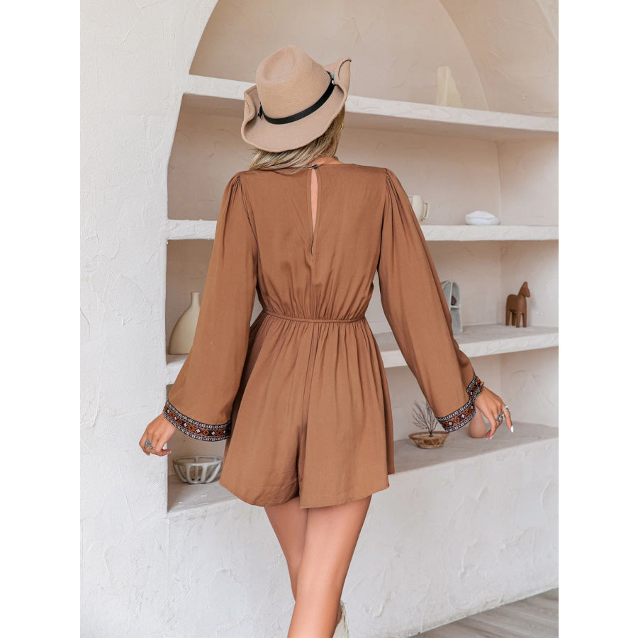 V-Neck Long Sleeve Romper Caramel / S Apparel and Accessories