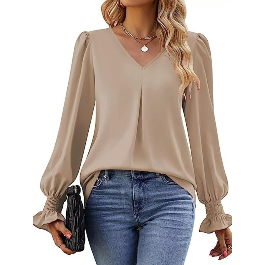 V-Neck Long Sleeve Ruffle Cuff Blouse Apparel and Accessories