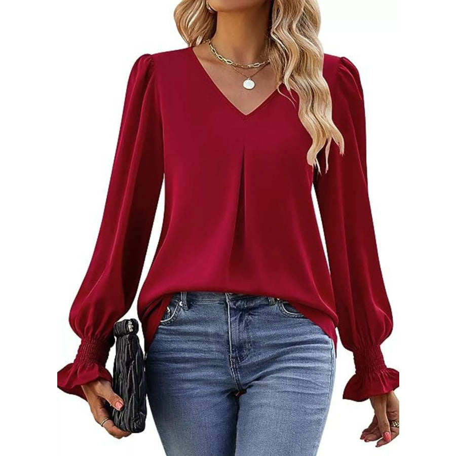 V-Neck Long Sleeve Ruffle Cuff Blouse Apparel and Accessories