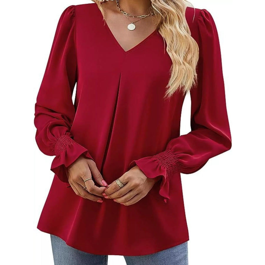 V-Neck Long Sleeve Ruffle Cuff Blouse Apparel and Accessories