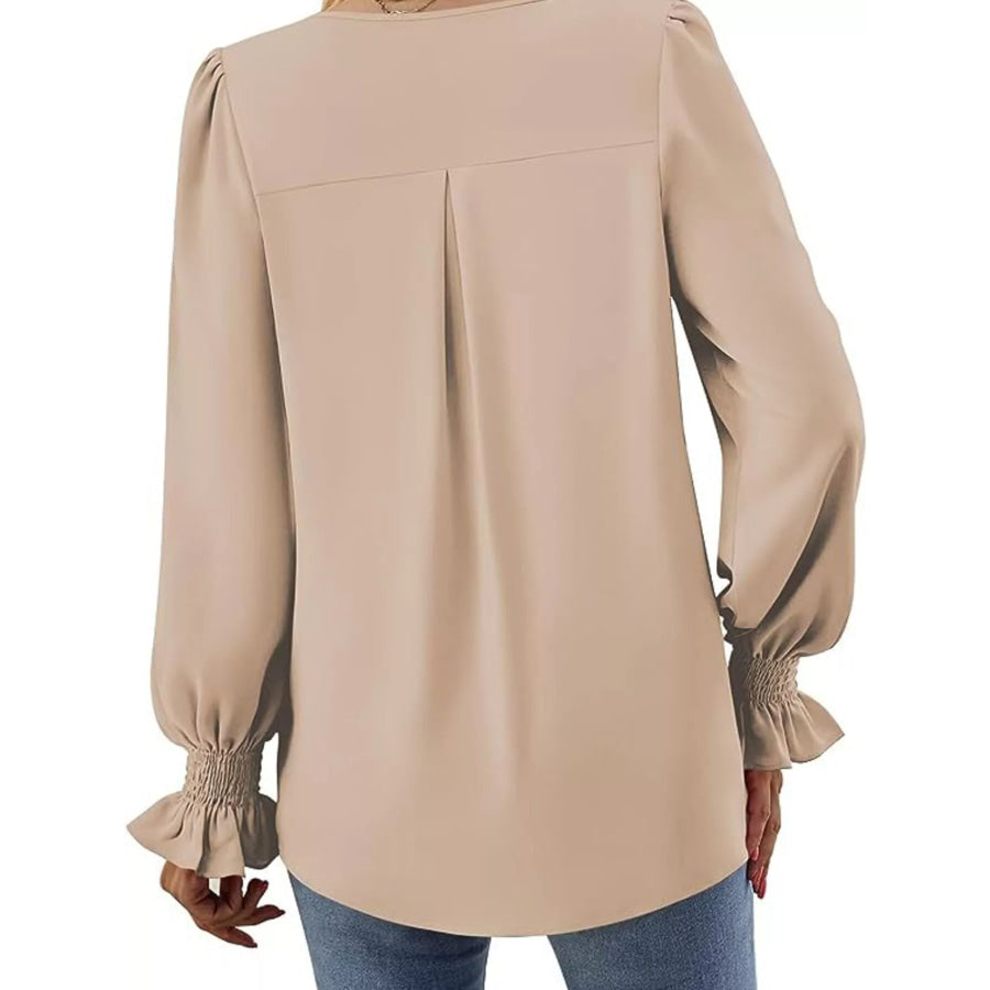 V-Neck Long Sleeve Ruffle Cuff Blouse Apparel and Accessories