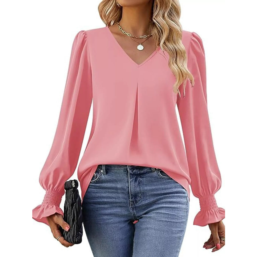 V-Neck Long Sleeve Ruffle Cuff Blouse Apparel and Accessories